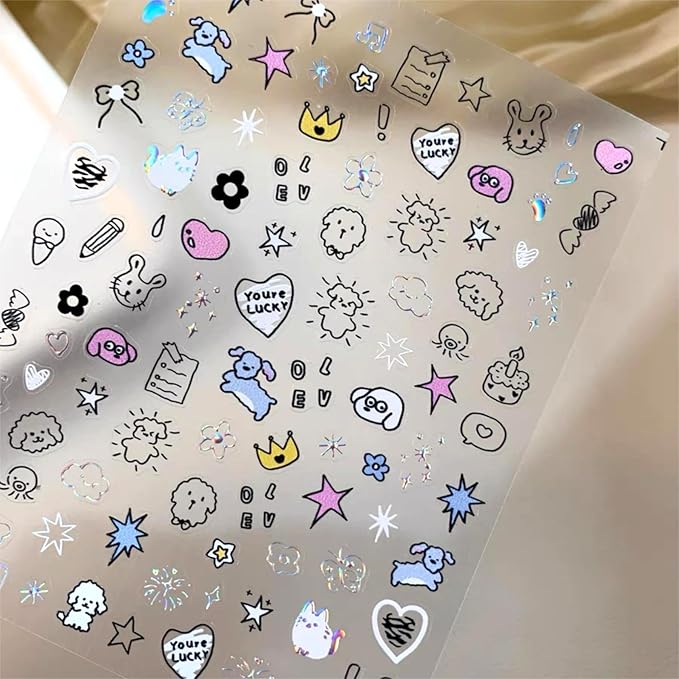 Dedyel 5D Embossed Cute Dog Nail Art Stickers Cartoon Kawaii Design Anime Self Adhesive Nail Stickers for Women Kids Girls Nails Art Decorations
