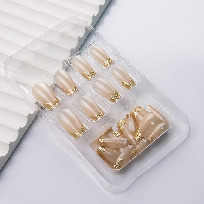 Gold French Tip Press on Nails Square Short Fake Nails Cat Eye Acrylic Nails Press ons Glossy Nature Artificial False Nails Full Cover Glue on Nails for Women Girls Manicure Deco 24Pcs