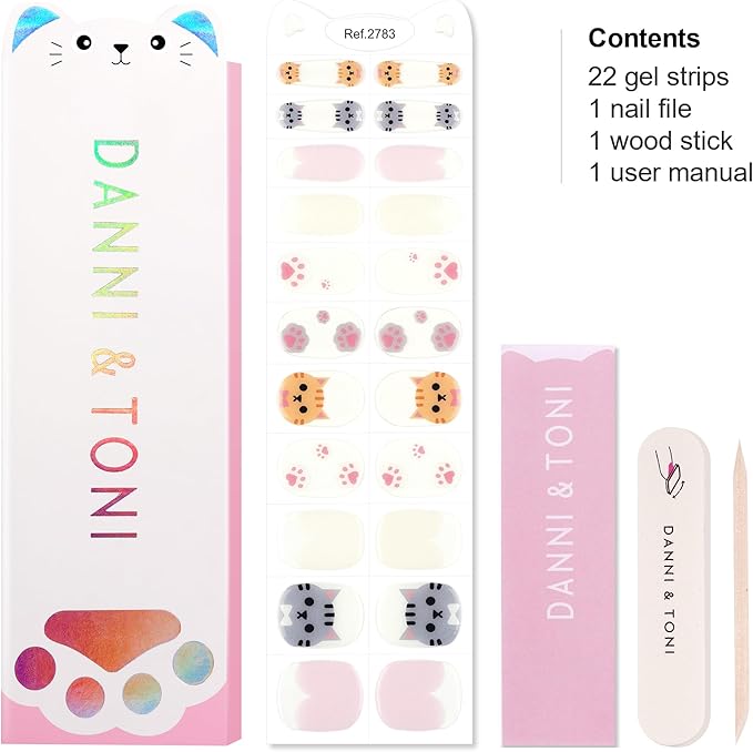 DANNI & TONI Kids Gel Nail Strips Cat Paws Pink Salon-Quality Peel & Stick Manicure for Children (Age 6+)– Safe, Long-Lasting, Easy to Apply |Paw Pals