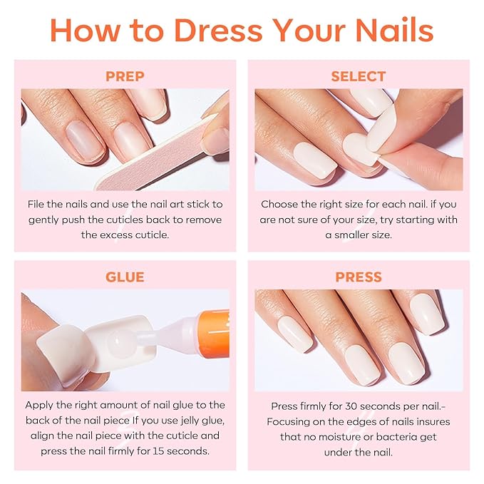 Modelones White Press on Nails Almond, Short Almond Fake Nails, Reusable Nail Kit with Nail Glue Adhesive Tabs Mini Nail File, Nails Press Ons 32Pcs 16 Sizes, Women Girl Gift