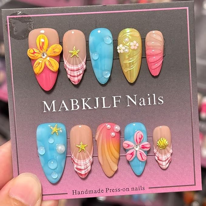 Luxury Press on Nails Medium Almond Handmade 3D Unique Reusable ABS Material Fake Nails French Tip False Nails with Designs Hawaii Ocean Flower Art Petal Glossy Glue on Nails Thick Acrylic Nails(M)