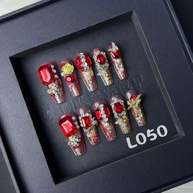 100% Handmade Press on Nails Long Coffin Red Acrylic Handmade Nails Press Ons Diamond Fake Nails Rhinestones Glue on Nail Reusable Gorgeous False Nail for Women Girls Manicure Size L