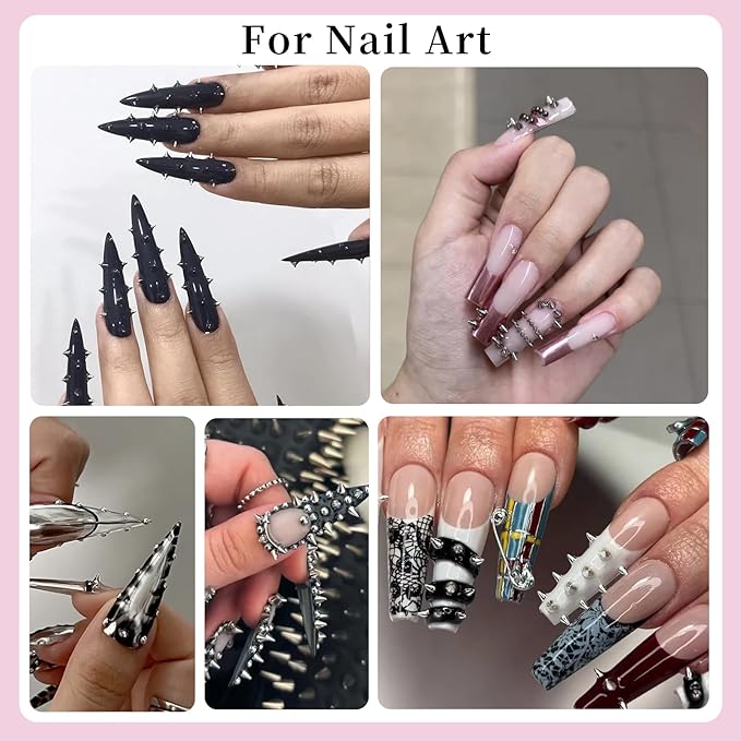 3D Mini Small Metal Stainless Steel Caviar Nail Beads Balls, 0.8-3mm Gold Silver Alloy Nail Art Chain Charms Studs with Tweezers and Dual-end Brush (17-K1-punk-metal)