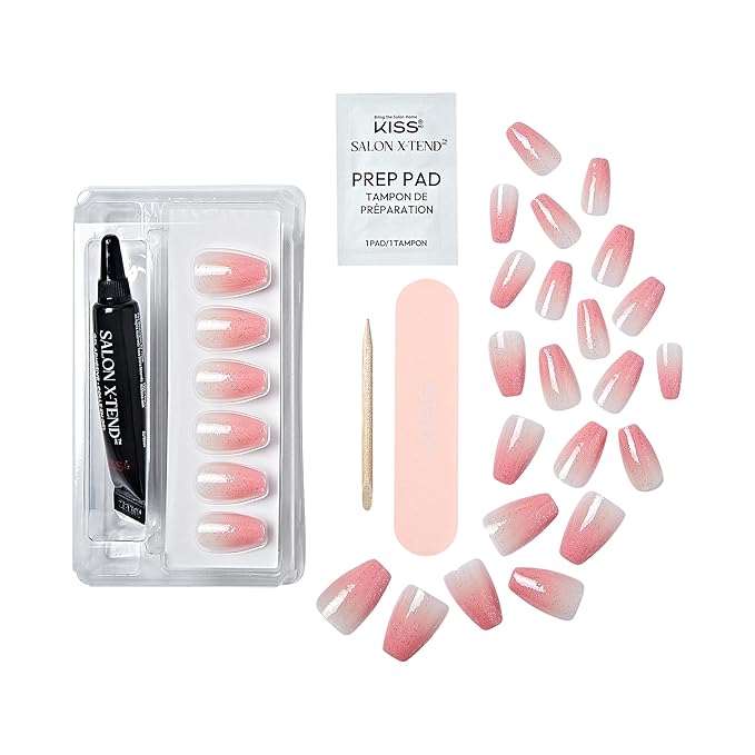 KISS Salon X-tend, Press-On Nails, Glue included, 'Detox', Medium Pink, Medium Size, Coffin Shape, Includes 30 Nails, 5Ml Led Soft Gel Adhesive, 1 Manicure Stick, 1 New Mini File, New Prep Pad