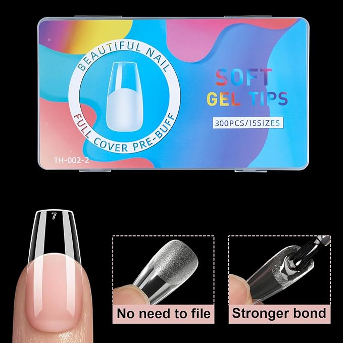 BlueZOO Gel Medium Coffin Etch X Nail Tips, 300Pcs 15 Sizes Acrylic Pre-Shaped Full Cover Clear False Nail Tip, Half Matte Press On Nails for Extension Nail Manicure Home DIY Salon Fake Nails with Box