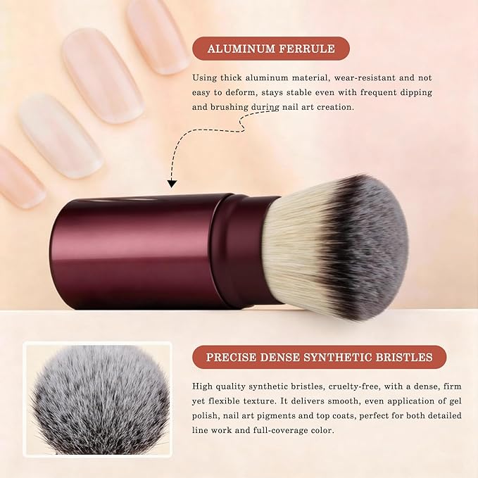 WOKOTO 2 PCS 2-in-1 Retractable Brushes - Nail Art Dust Remover for Acrylic Nails, Round & Angled Makeup Brushes for Foundation & Cream, Burgundy Handle Dust Brush, Travel-Friendly Aluminum Tube