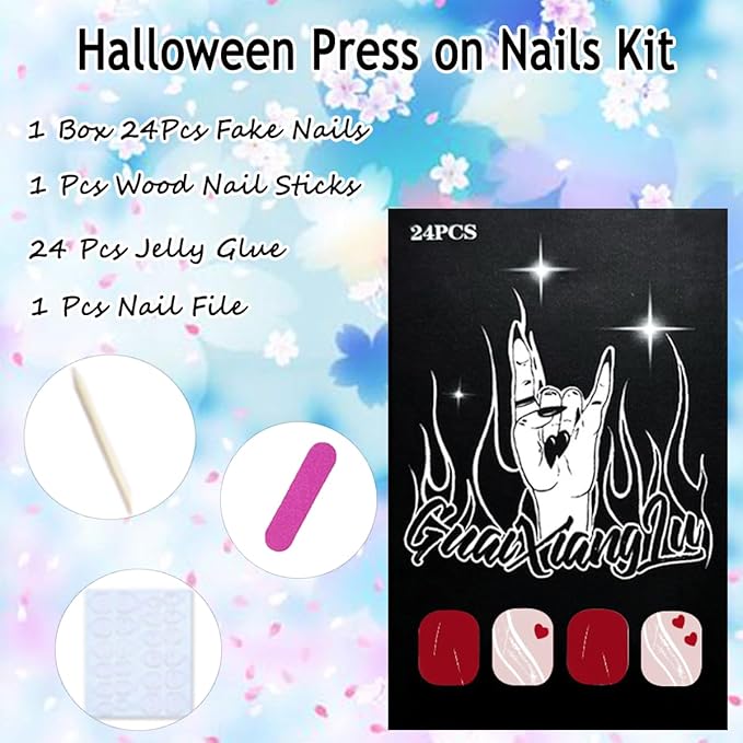 Valentines Heart Press on Nails Short Square Fake Nails Red Valentines Nails Press ons with Glue Designs Glossy Acrylic Nails Reusable Full Cover Glue on Nails for Women Holiday Manicure 24Pcs
