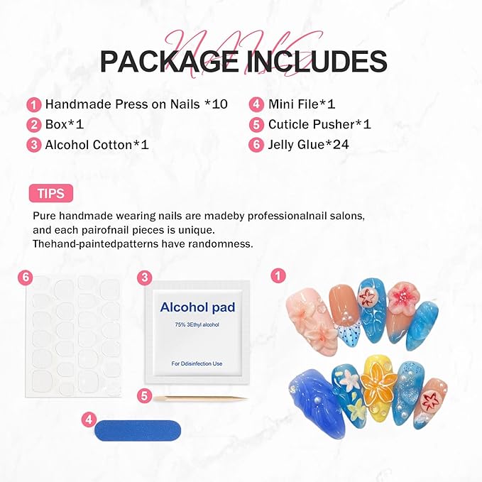 Summer Press on Nails Medium Almond Flower Fake Nails Muti-Layer Gel False Nail with 3D Jellyfish Starfish Design Glitter Handmade Press on Nails Stars Pearl Embossed Acrylic Nail for Women (Size M)