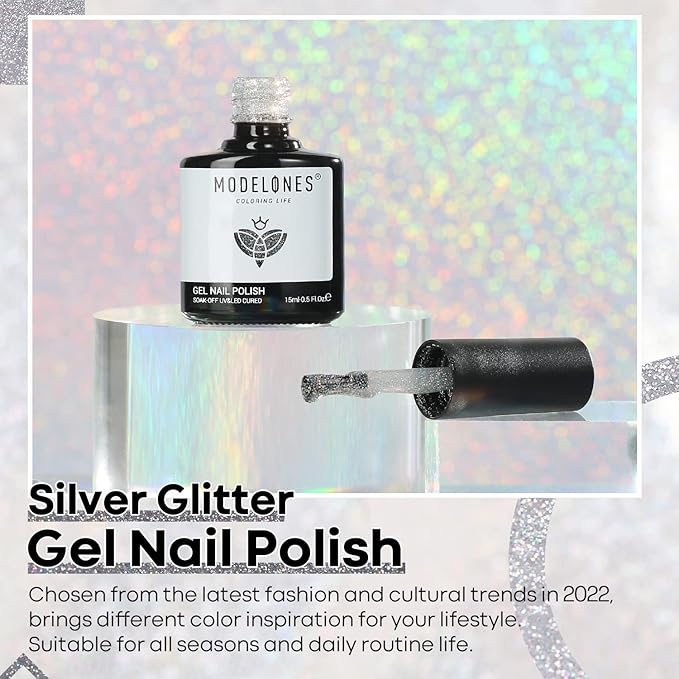 modelones Glitter Gel Nail Polish Pastel Silver Gel Nail Polish Soak-Off UV Gel Polish - 28+ Days Long-Lasting Salon-Quality Nail Art for Spring & DIY Manicure & Gift 15ML