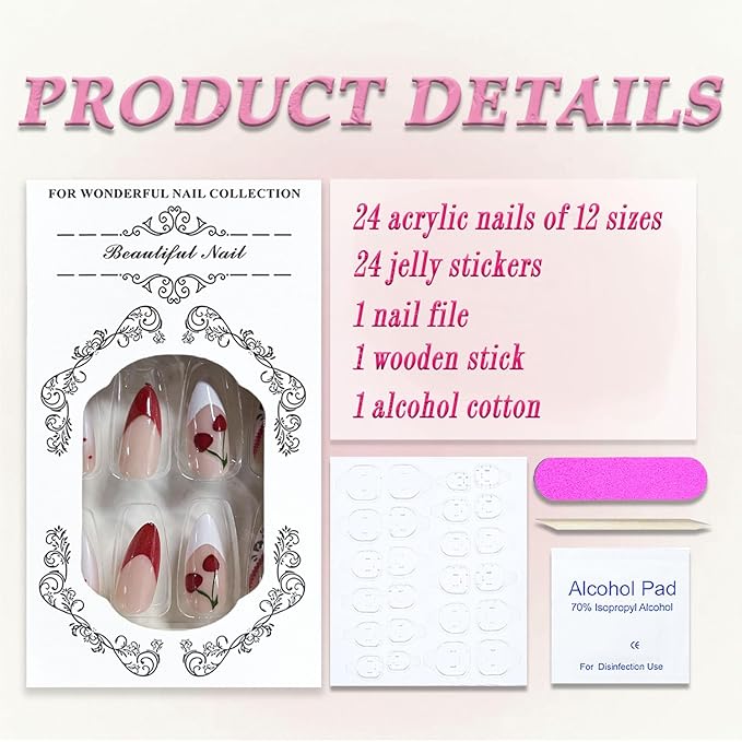 Press on Nails Medium Almond MABKJLF French Tip Fake Nails False Nails with Cherry Stars Zebra Leopard Print Polka Dots Designs Glossy Glue on Nail Full Cover Acrylic Nails for Women Girls 24Pcs