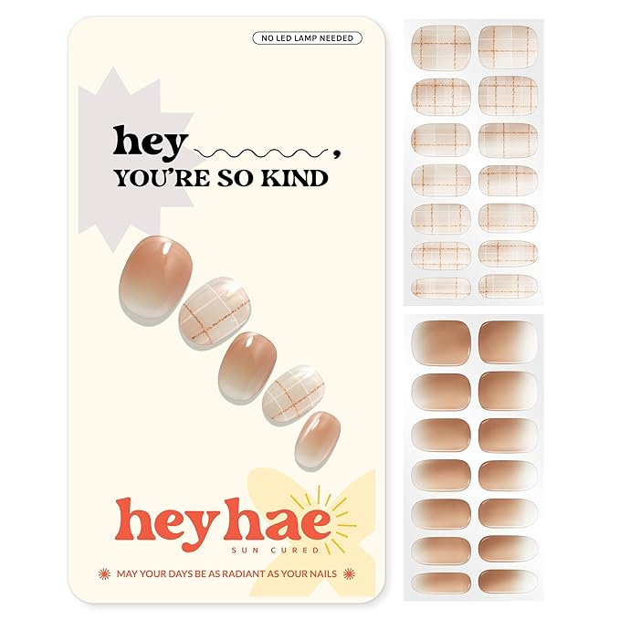 Heyhae Semi Cured Gel Nail Strips | No LED Lamp Needed | Ombre, Beige, Brown | Easy Apply & Remove, Salon Quality | Includes 28 Strips, 1 Prep Pads, Nail File & Wooden Stick - Hey, You're So Kind