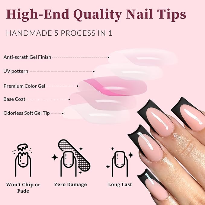 120PC Black French Tip Press on Nails Medium Fake Nails Press ons with 5*Adhesive Tabs, Pink Square Acrylic Nail Press on Nail French Tip Nails False Artificial Fingernails Stick on Nails-N