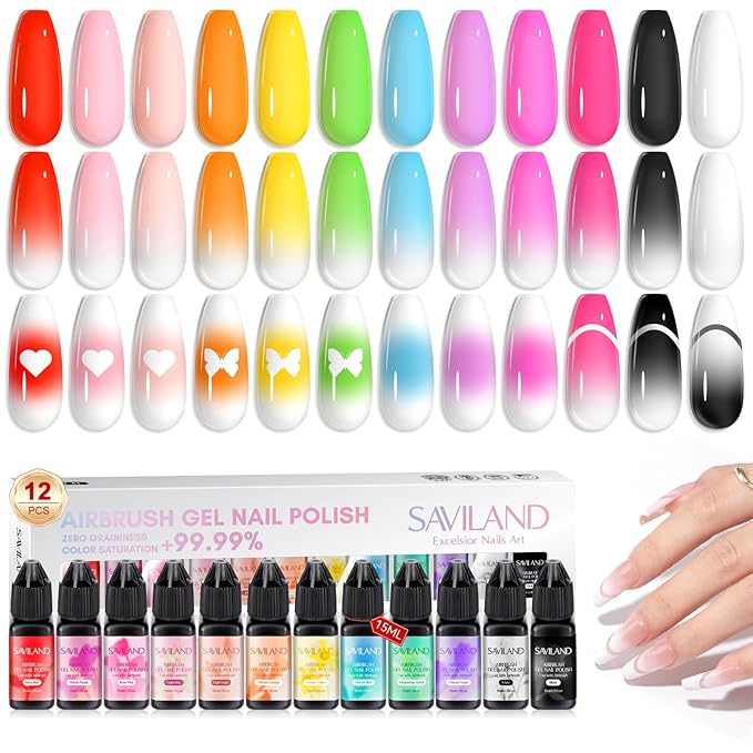 SAVILAND 12 Color Airbrush Gel Polish Set: 2026 Must Have Dilution-Free, Non-Acetone Formula with Fine Mist Sprayer for French & Ombre Nail Art, Home and Salon Use