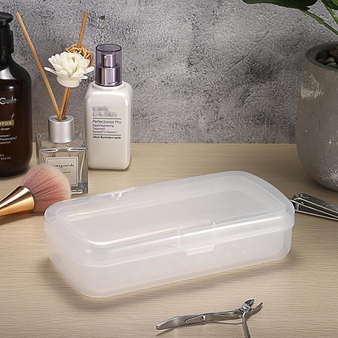 JUXYES 2 PCS Plastic Sterilizing Tray for Nail Art Accessories Tools, Portable Nail Art Tool Sterilizer Tray with Strainer, Fully Transparent Storage Box Organizer for Tweezer Manicure Tools