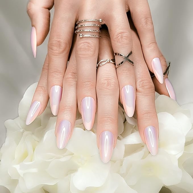 Hypnaughty 24 Pcs Light Peach Almond Chrome Luxury Press On Nails and Glue Reflective Medium Long Pointed Reusable False Nails (Light Peach Almond Chrome)