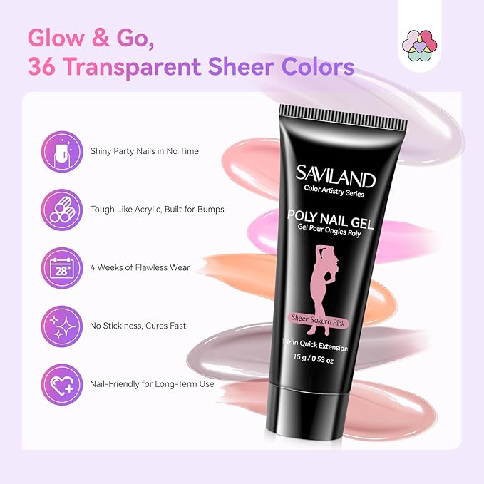 SAVILAND Hema-Free Poly Gel Nail Kit for Starter: 36 Poly Gel Nail Colors with Slip Solution Mini U V Lamp All-in-1 Kit for Quick Builder Extension, Manicure Tools for Daily Art DIY Salon Girls Gift