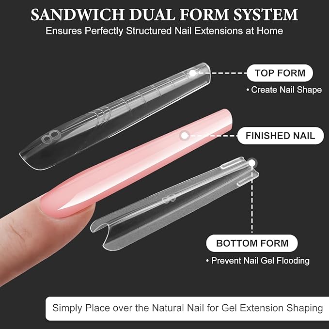 140Pcs Long Coffin Sandwich Nail Forms Kit for Beginners Professional, 70 Pairs Dual Form Nail Molds for Poly Builder Gel Quick Extension, No Paper Forms Needed