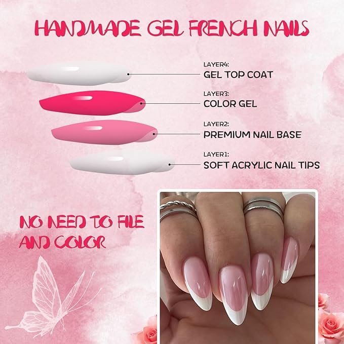 AddFavor 120pcs French Tip Press on Nails Medium Almond Fake Nails White French Tip Nails Gel Glossy Nude Nails Press on Artificial False Nail with Adhesive Tab for Women Girls