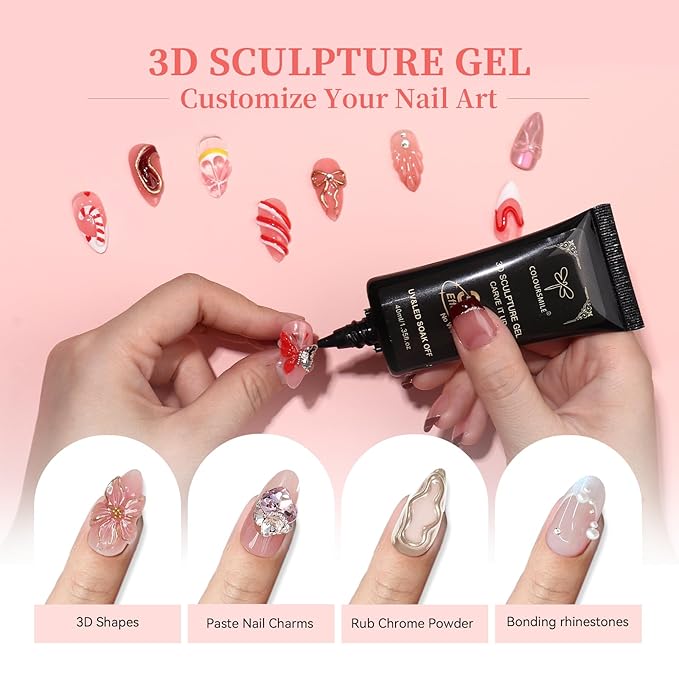 4 in 1 No Wipe 3D Nail Sculpting Gel 40ml - Clear Gel Glue for Nail Tips, Chrome Powder, Gems, Drawing & Christmas DIY Nail Art (UV/LED Lamp Curing Required)