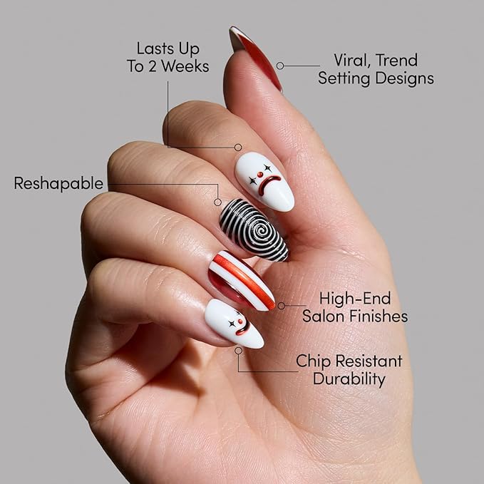 Glamnetic Press On Nails - Crybaby Clown | Short Almond 3D Fake Nails with Clown & Swirl Designs in a Chrome Finish, Salon Quality Halloween Nails | 15 Sizes - 30 Nail Kit with Glue