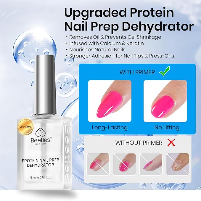 Beetles Nail Dehydrator 15ml Protein Prep for Gel Nail Polish, Upgraded Formula 2 in 1 Nail Bond Air Dry, No Lifting, HEMA Free & Acid Free for False Nail Tips Acrylic & U V Gel Gifts for Wom