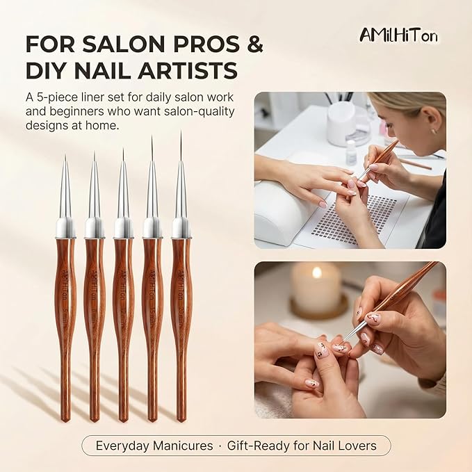 5 Pcs Nail Art Liner Brushes, Wooden Handle Striping Brushes for Ultra Fine Lines, Plaid & Floral Detailing, Gel Polish & Acrylic Painting, 5/8/12/15/20mm (Wood Color)