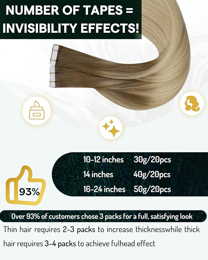 RUNATURE Blonde Tape in Hair Extensions Human Hair Tape in Extensions, Ombre Tape ins Human Hair Extensions, Soft Natural Remy Hair, Seamless Double Sided Tape on Extensions 16 Inch 50g 20pcs