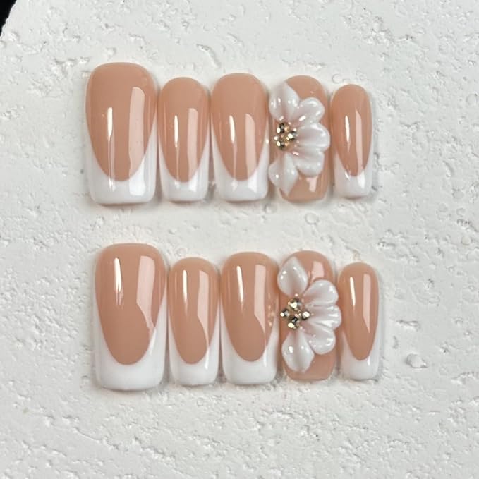 White French Tip Handmade Press on Nails Medium Square Fake Nails Muti-Layer Gel False Nails with 3D Flower Rhinestones Designs Thick Acrylic Nails Full Cover Stick on Nail for Women Nail DIY (Size S)