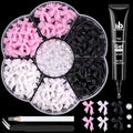 120 Pcs 3D Nail Bow Charms + 2-4mm Nail Pearls Set 10, Pink White Black Bow Nail Charms and White Flatback Pearls with Nail Charm Glue Gel(UV Needed) and Pickup Tools for Nail Art Decoration