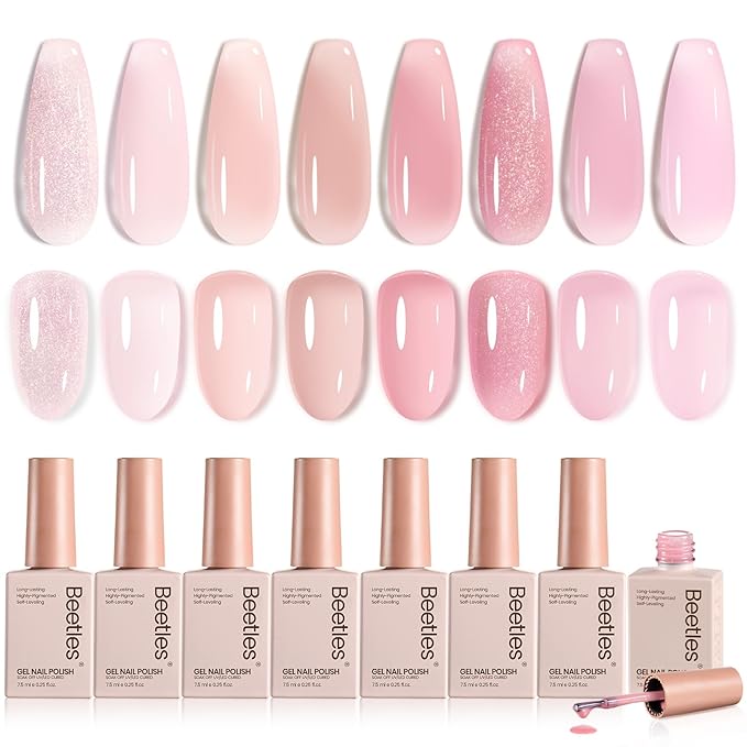 Beetles Pink Gel Nail Polish Set, 8 Colors Nude Pink Jelly Gel Polish Shimmer Glitter Sheer Transparent Effect Classic Neutral Nail Polish Soak Off UV French Nail Art Salon Gift Manicure for Women