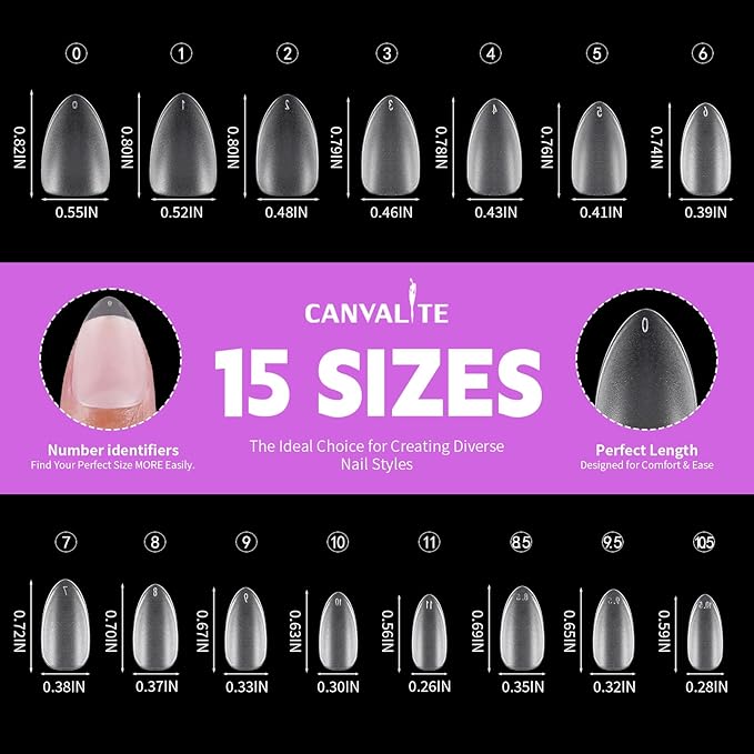 Canvalite 450Pcs Almond Press on Nails Kit with Nail Glue & Remover - Acrylic Gel Double-sided Matte Clear Pre-Buff Gel Nail Tips, 15 Sizes Full Cover False Nails, DIY at Home & Salon Use