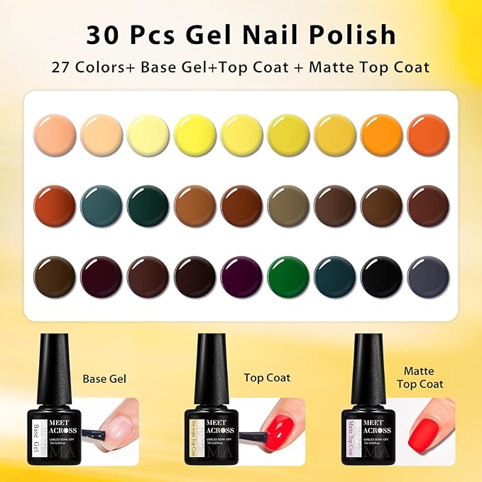 MEET ACROSS 30pcs Gel Nail Polish Set,Soak Off UV LED Lamp Gel Nail Polish Kit,Fashion Shimmer Nail Art Design Gifts for Women Manicure Salon (Fall Series)