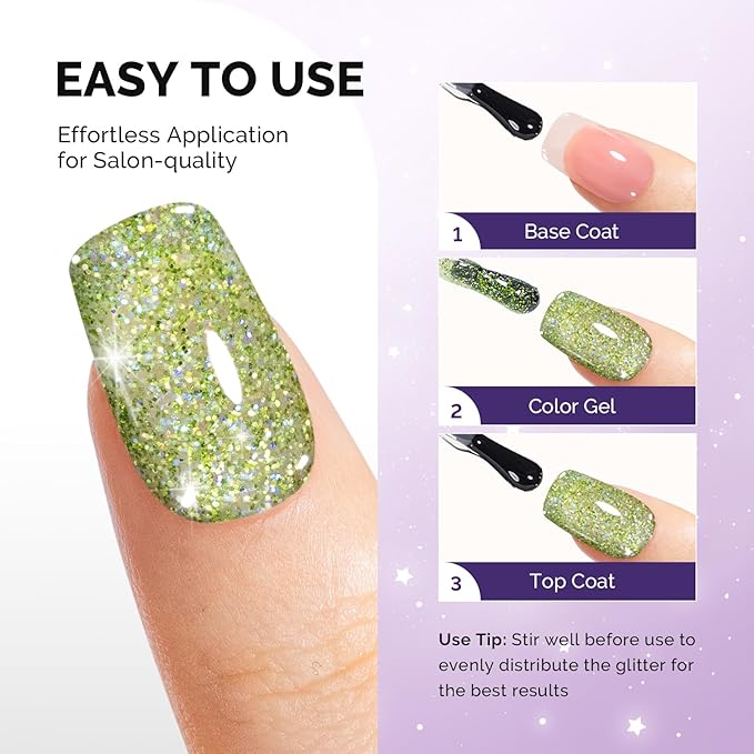 MelodySusie Galaliver Green Glitter Gel Nail Polish, 15ML Sparkly Bright Green Shimmer Gel Polish Soak Off UV LED Cured Long Lasting Gift for Women DIY Nail Design Nail Art Manicure X08