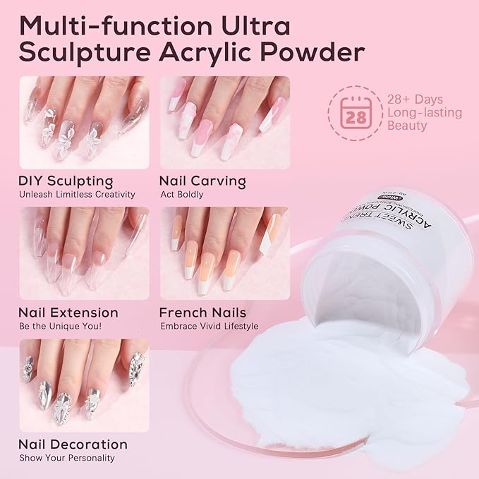 Acrylic Nail Powder: 60g Clear White Pink Nude Acrylic Powder Set Professional Acrylic Nail Powder Polymer Colored Nail Extensions Kit for Carving Nails