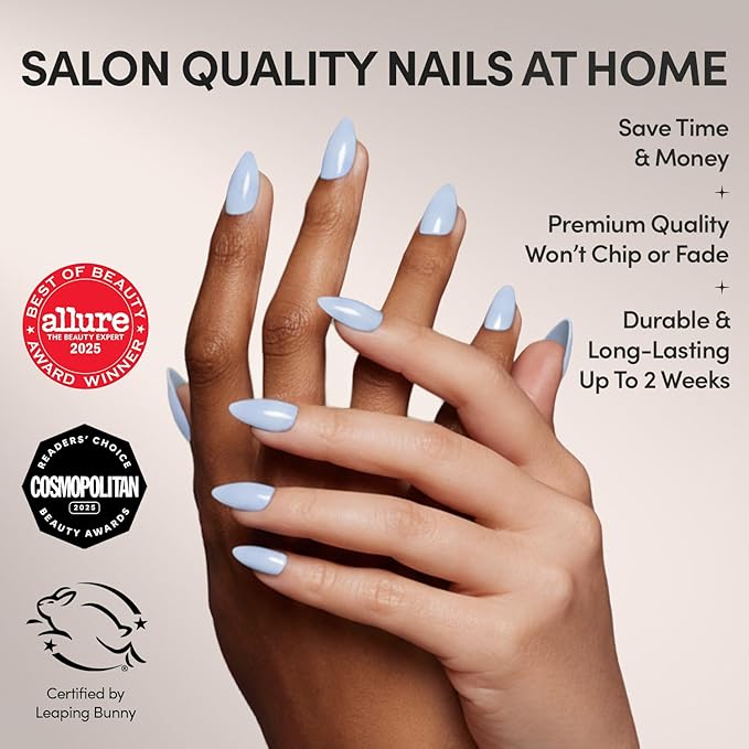 Glamnetic Press On Nails - Blueberry Milk Fake Nails | Solid Opaque Light Blue Short Almond Nails, Salon Quality | 15 Sizes - 30 Nail Kit with Glue