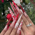 24pcs Red Long Almond French Tips Press On Nails with Snowflakes, Candies and Bows for Themed Costumes, Reusable Nail Kit with Nail Adhesive Tabs Mini Nail File, 12 Sizes (Red Candy)