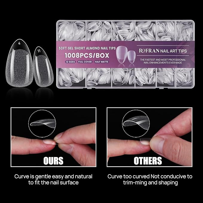 1008pcs Short Almond Shaped Nail Tips Half Matte Full Cover Fake Nails Press On Nails For Acrylic Nails Professional