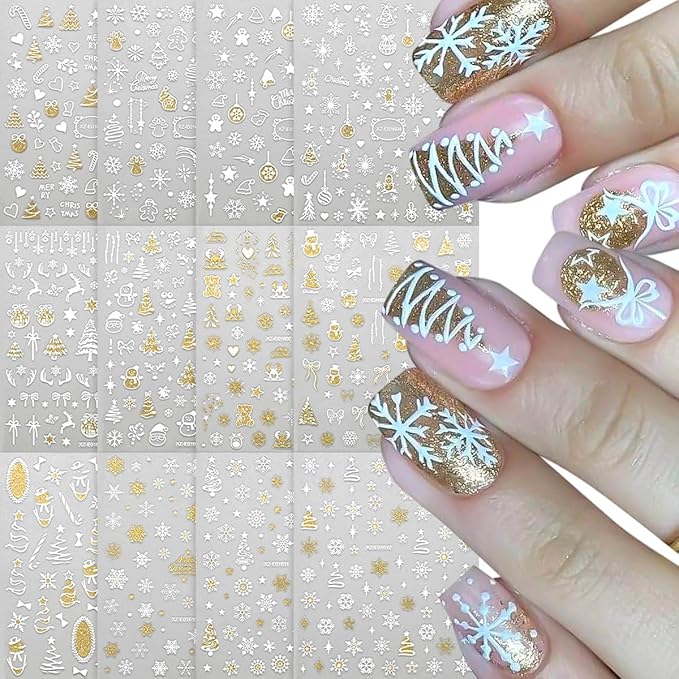 12 Sheets Christmas Nail Art Stickers White Nail Stickers Snowman Nail Decals Self Adhesive Christmas Tree Snowflake Santa Nail Art Supplies for Women Girls DIY Manicure Nail Art Decorations