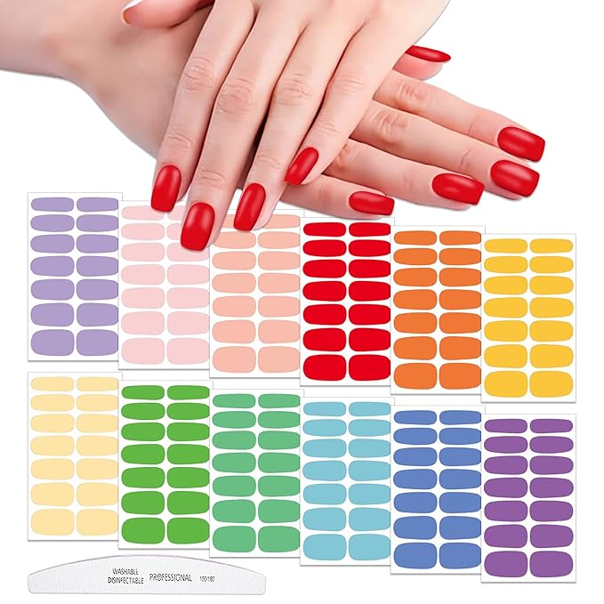 WOKOTO 12 Sheets 168 Pcs Vivid Solid Nail Stickers Full Nail Wraps, Bright Color Nail Polish Strips for Women Girls with Nail File, Self-Adhesive Gel Nail Stickers Stick On Nails Art Decals for Nails