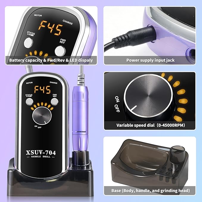 Professional Electric Nail Drill Kit 45000RPM with Bits and Base Purple Portable Rechargeable Cordless Nail E- File Machine for Acrylic Gel Powder Nails and Manicure Pedicure Toenail Tool Set