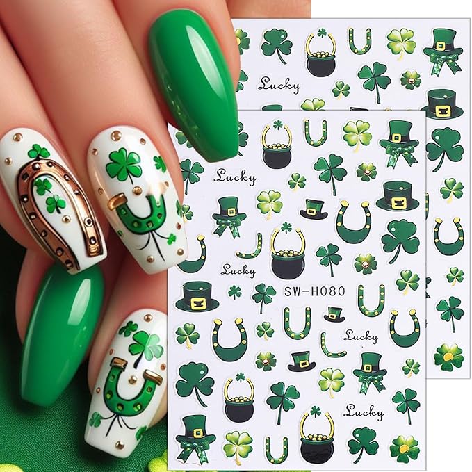 6 Sheets St Patricks Day Nail Stickers Green Laser Irish Shamrocks Nail Art Stickers Hat Horseshoe St. Patrick's Day Nail Decals 3D Self-Adhesive Lucky Clover Nail Decorations for Women Nail Designs