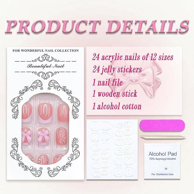 Handmade Press on Nails Short Square Cute French Tip Fake Nails 3D False Nails with Designs Flower Bow Charms Pink & White Glossy Glue on Nails Stick on Nails Acrylic Nails for Women Girls 24 Pcs