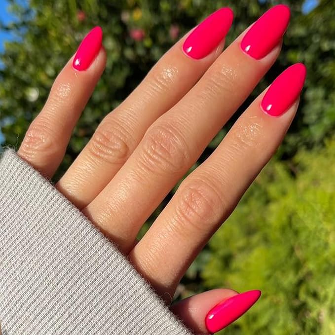 GLAMERMAID Hot Pink Press on Nails Medium Almond, Rose Red Handmade Jelly Soft Gel Pure Glue on Nails Stiletto, Summer Spring Fake Nails Short Oval, Reusable Acrylic Stick on False Nails Kit for Women