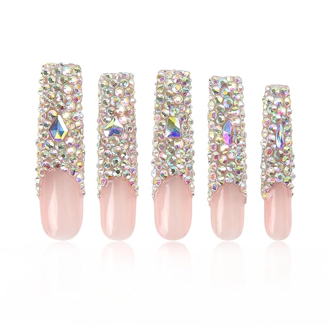 LOVFUL Press on Nails Angel's Tear | Handmade with Full Covered Crystals | Reusable Fake Nails | Square | H48-S, pink