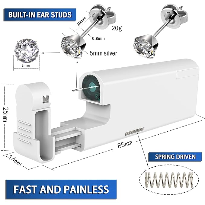 KAIQIKAIXI 2Pcs Ear Piercing Kit Automatic And Painless Ear Nail Gun Disposable Aseptic Household Ear Piercing Gun Portable Ear Piercing Gun Group Ear Piercing Tools (5mm, Silver)