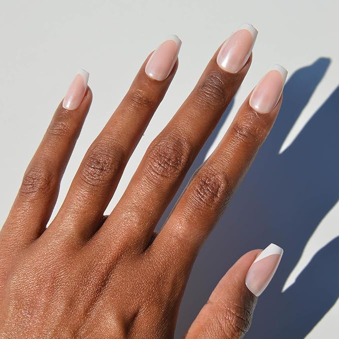 Glamnetic Press On Nails - Pearl Glaze | Medium Coffin White French Tip Fake Nails, Salon Quality French Manicure | 15 Sizes - 30 Nail Kit with Glue