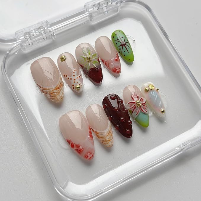 Luxury Press on Nails Medium Almond Handmade 3D Unique Reusable ABS Material Fake Nails French Tip False Nails with Designs Starfish Water Drop Red Flower Glossy Glue on Nail Thick Acrylic Nail(S)
