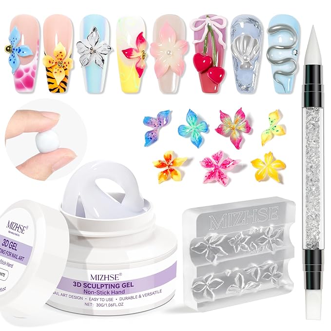 MIZHSE White 3D Gel Nail Art 30g Sculpting Gel Non-Sticky Molding Gels Solid U V LED Soak Off Gels Polish with 3D Flower Charm Nail Molds for Nails and Silicone Pen for Nail Design