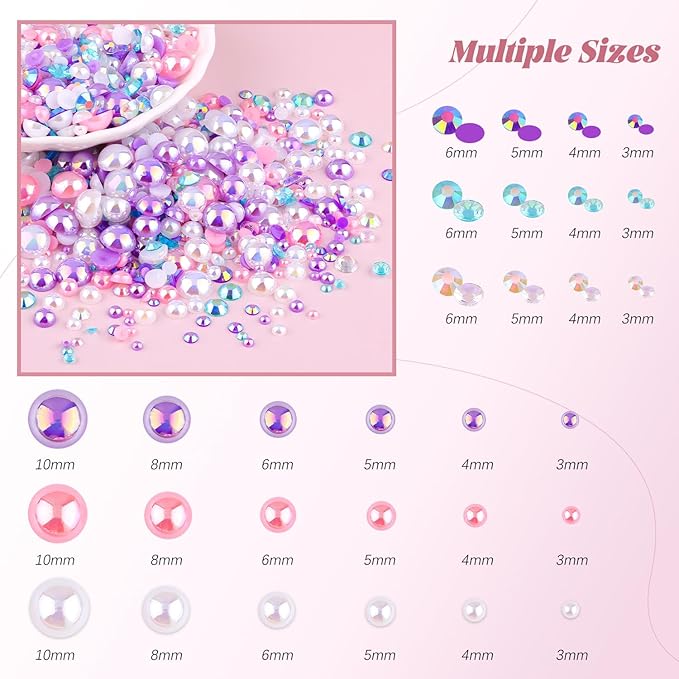 80g Flatback Pearls and Rhinestones for Crafting, Pink Purple Mixed Size 3-10mm Resin Rhinestones and Half Pearls for Bedazzling, Nail Art and Decoration with Tweezer and Pickup Pencil