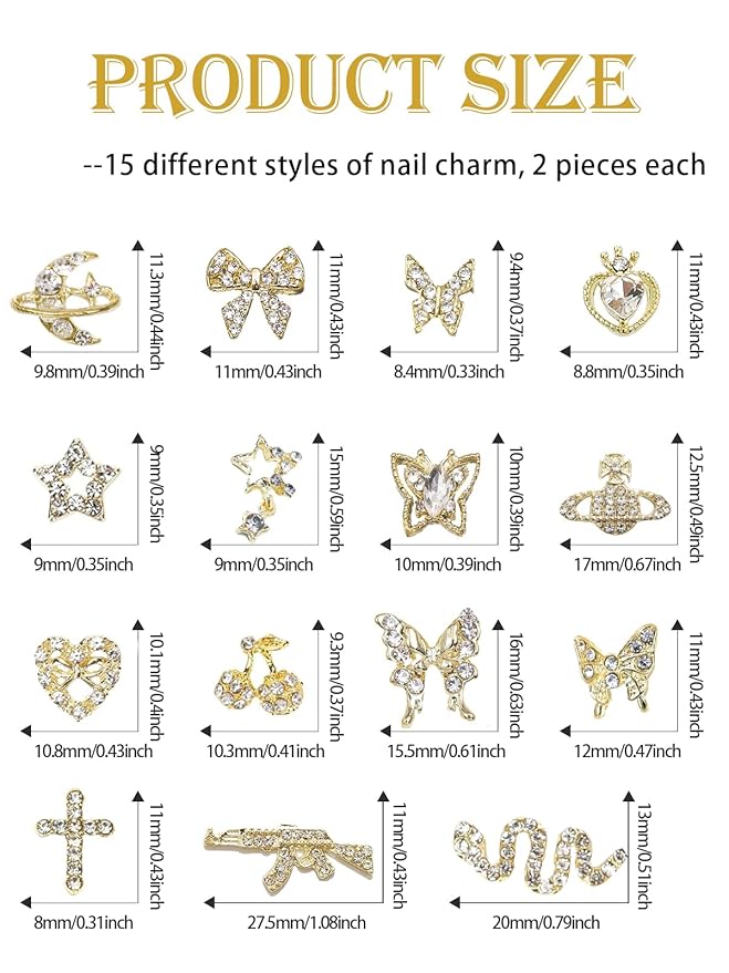 30PCS Gold Nail Charms, Wsimily 3D Y2k Butterfly Nail Charms Alloy Nail Art Rhinestone Shiny Cherry Snake Nail Decorations for DIY Nail Art